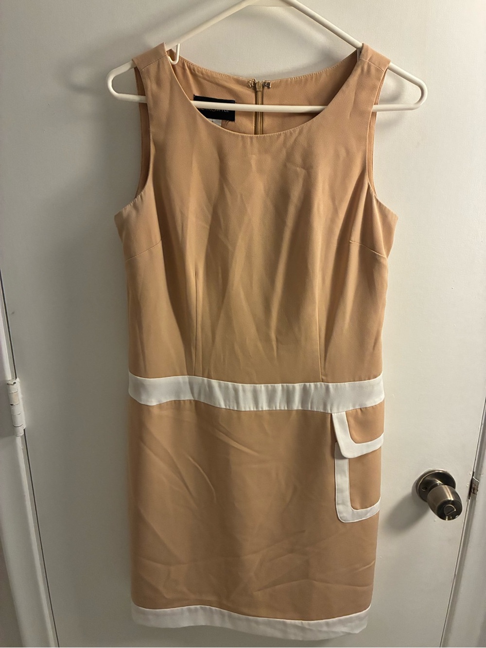 Metrostyle Tan Midi Shift Dress with White Trim
